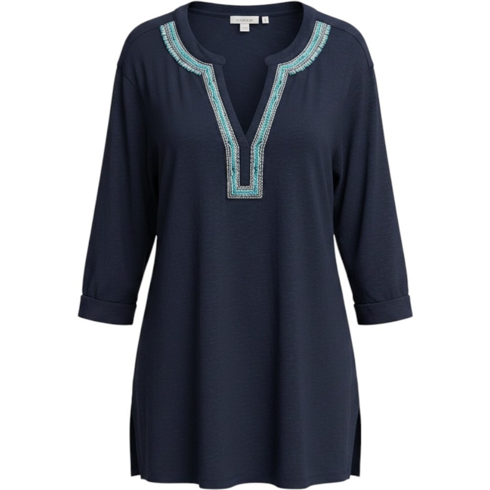 Chicos Navy Blue Beaded Split Neck Slub Knit Tunic Top Womens Size 3 XL